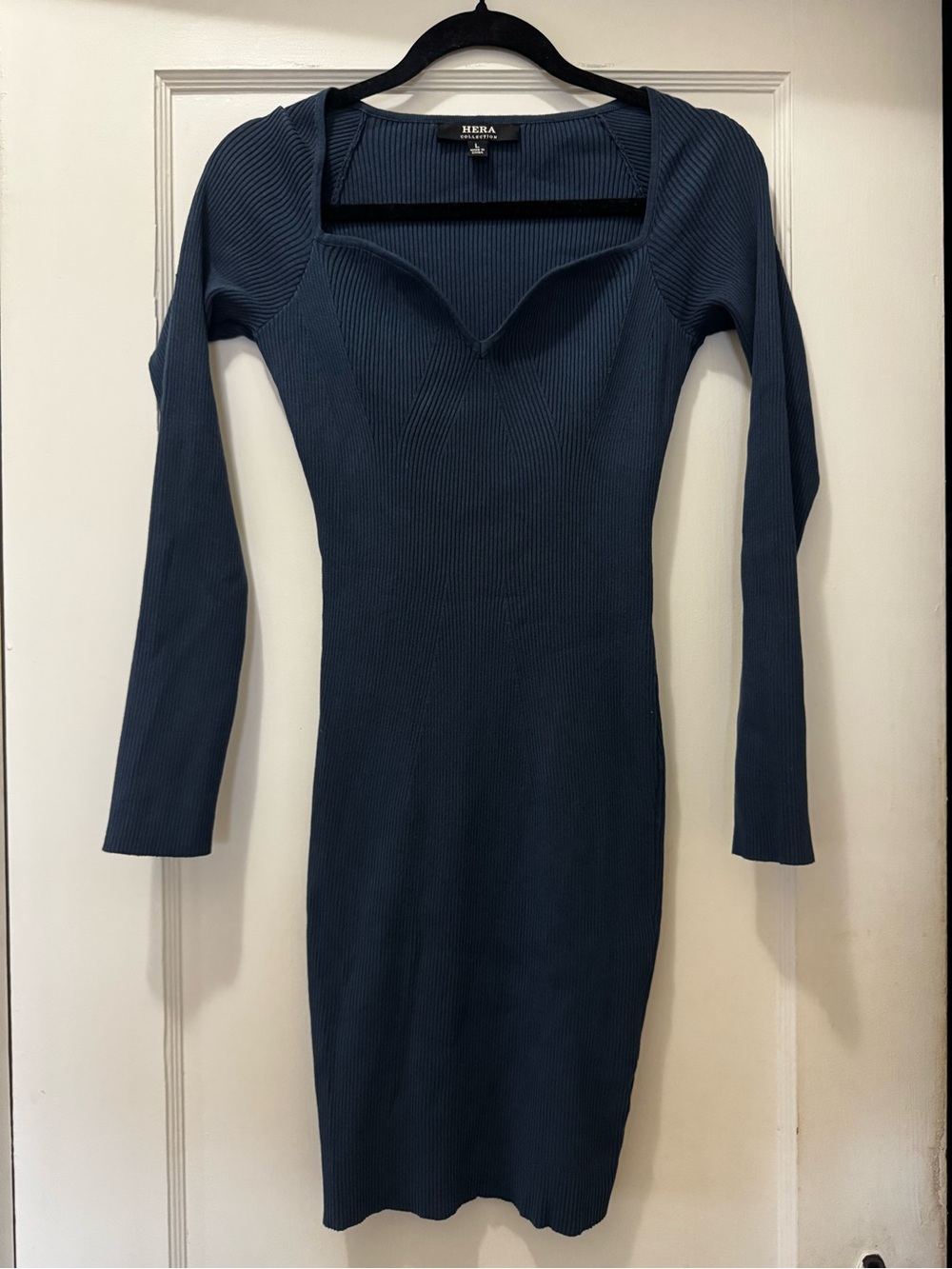 Hera Collection Blue Ribbed Long-Sleeve Bodycon Dress
